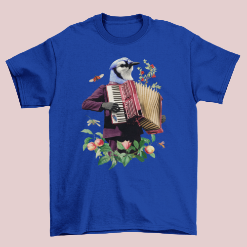 Blue Bird T-shirt in Blue color featuring whimsical bird playing accordion