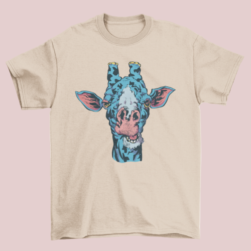 Beige t-shirt with a colorful giraffe graphic on a white background