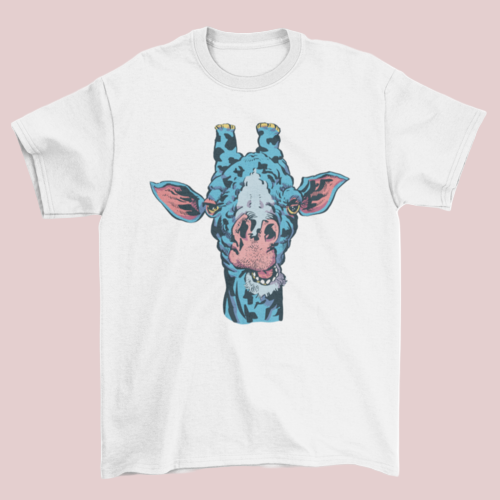 White t-shirt with a colorful giraffe graphic on a white background