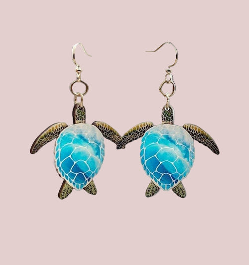 Blue Sea Turtle Earrings made from sustainable wood, laser-cut and lightweight, perfect for wildlife lovers and eco-conscious women.