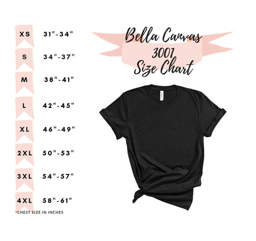 Black t-shirt with Bella Canvas size chart on a white background