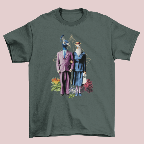 Peacock and Dove Couple T-Shirt in Forest Green showing whimsical peacock and dove design