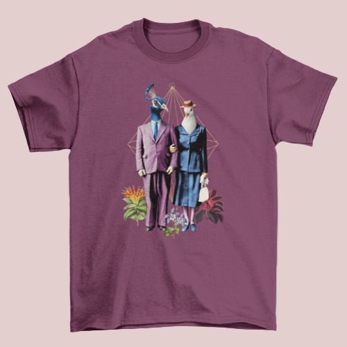 Peacock and Dove Couple T-Shirt in Maroon with whimsical fancy suits design