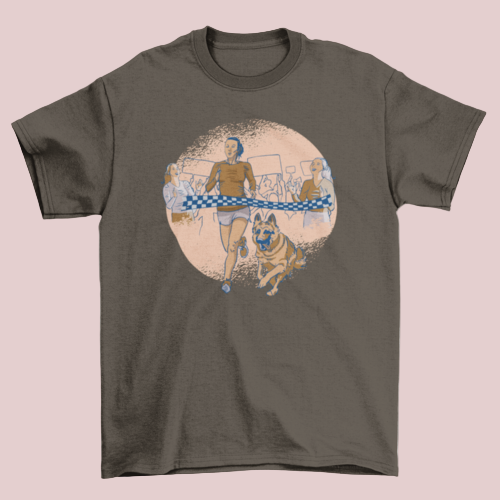 Race Dog T-shirt in dark chocolate featuring a woman and her German Shepherd racing together