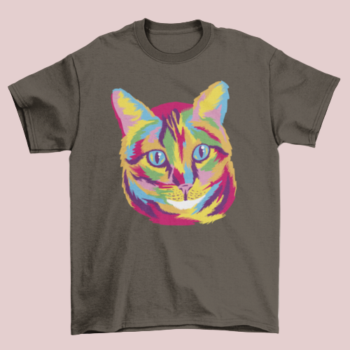 Brown t-shirt with a colorful cat graphic on a white background