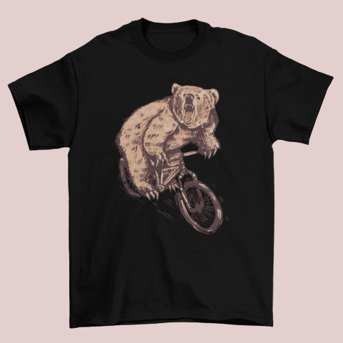 Black t-shirt with a bear riding a bicycle graphic on a white background