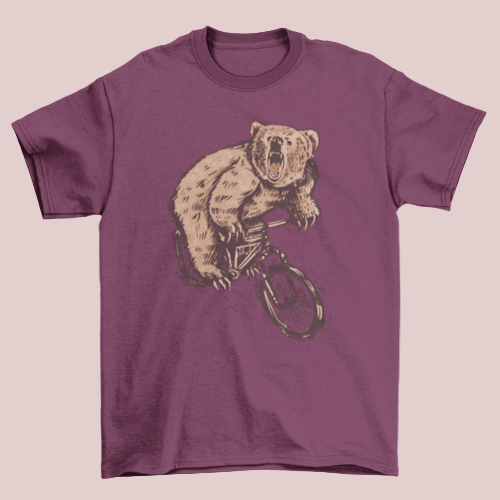Bear on a Bike T-shirt in maroon, soft cotton with bold angry bear print