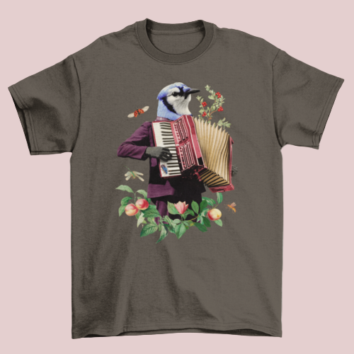 Dark Chocolate Blue Bird T-shirt featuring whimsical bird musician print