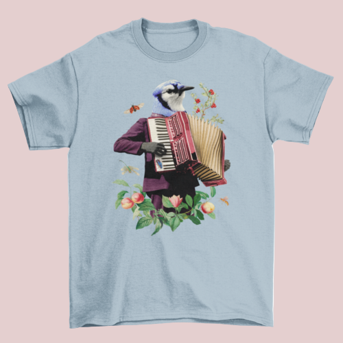 Light Blue Blue Bird T-shirt with fanciful bird playing accordion design