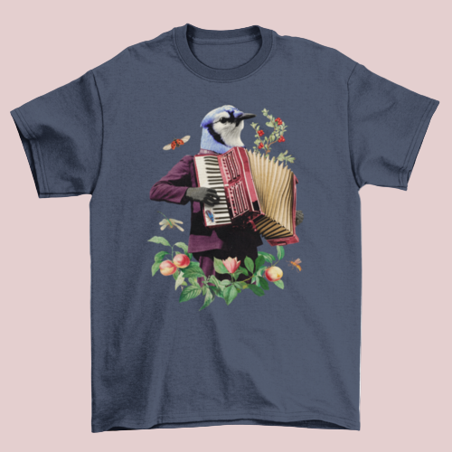 Navy Blue Bird T-shirt with fancy blue bird playing accordion