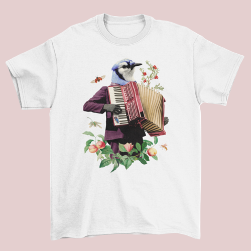 White Blue Bird T-shirt showcasing a playful bird musician illustration