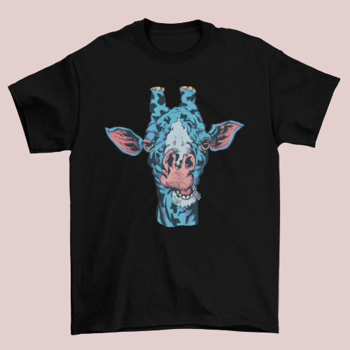 Black t-shirt with a colorful giraffe design on a white background