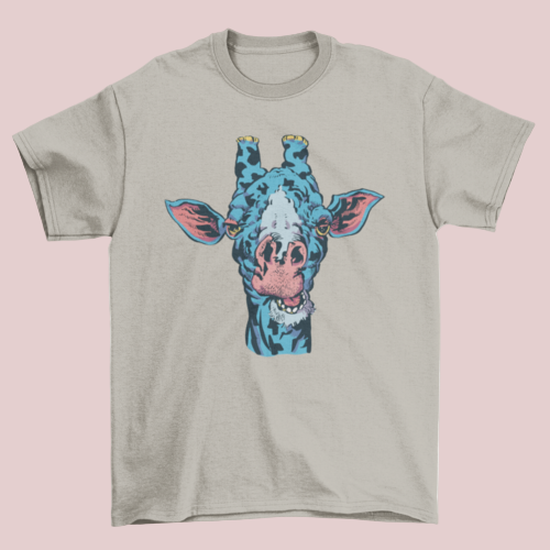 Gray t-shirt with a colorful giraffe graphic on a white background