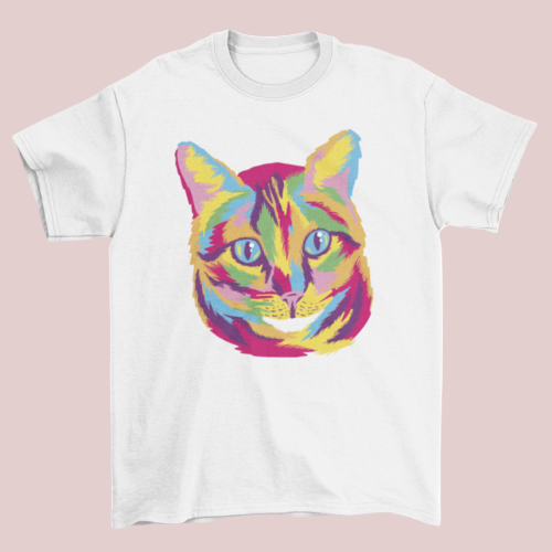 White t-shirt with a colorful cat graphic on a white background