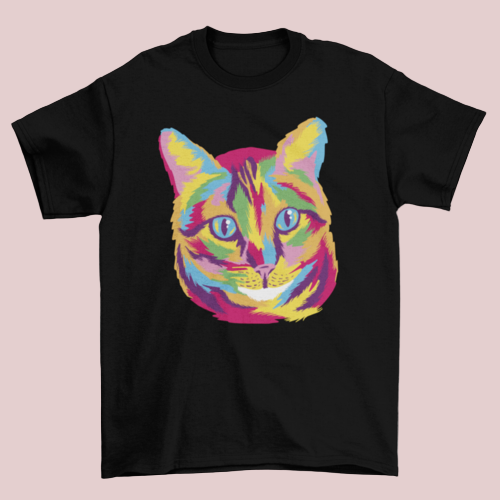 Black t-shirt with a colorful cat graphic on a white background
