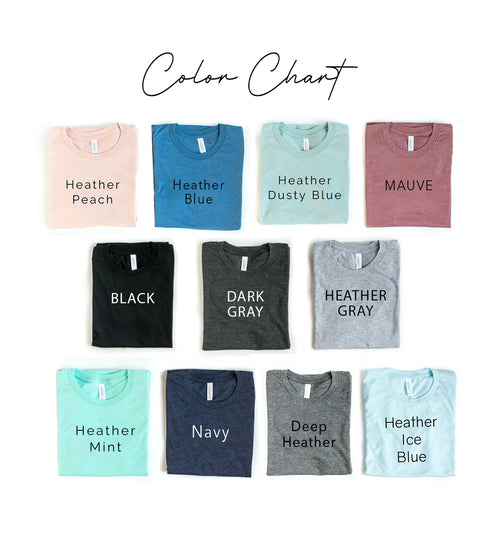 Color chart with folded shirts labeled in various colors on a white background