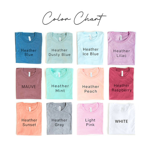 Color chart with folded shirts labeled in various heathered colors on a white background.