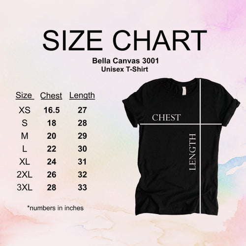 Size chart for Bella Canvas 3001 Unisex T-Shirt with a black t-shirt on a gradient background.