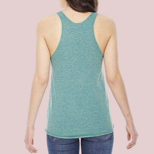 Person wearing a teal tank top on a white background