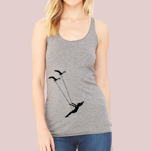 Front view of women’s Flying Bird Racerback Tank Top in grey