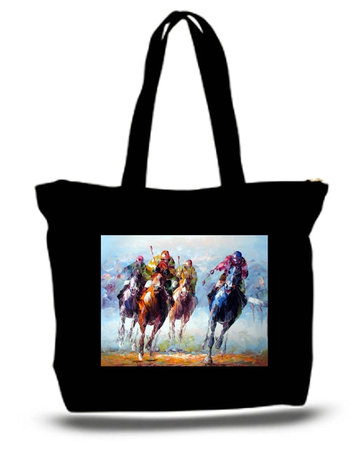 Black tote bag with a colorful horse race design on a white background