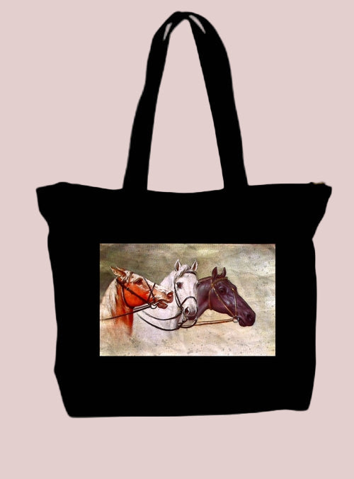 Black tote bag with a painting of three horses on a white background