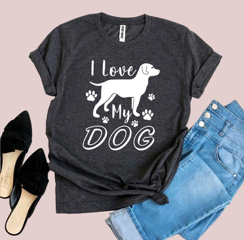 Dark gray t-shirt with 'I love my dog' graphic on a white background