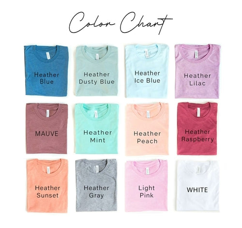 Color chart with various heathered t-shirt colors on a white background