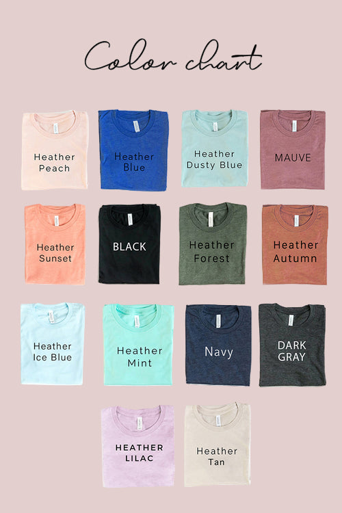 Color chart of various t-shirt colors with labels on a white background