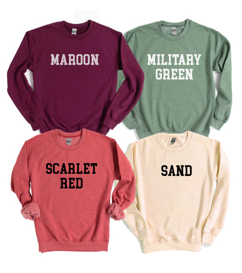 Four sweatshirts in different colors with text labels on a white background