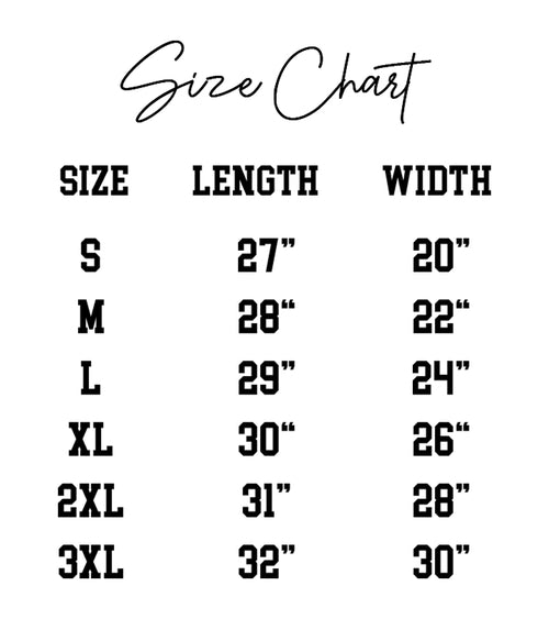 Size chart for clothing with measurements in length and width.