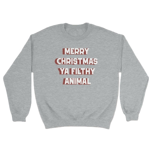 Merry Christmas Ya Filthy Animal T-Shirt front view, unisex fit, professionally printed in the USA