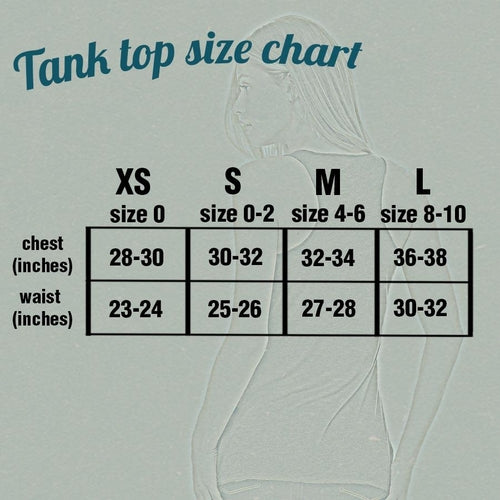 Tank top size chart with measurements for XS, S, M, and L sizes.