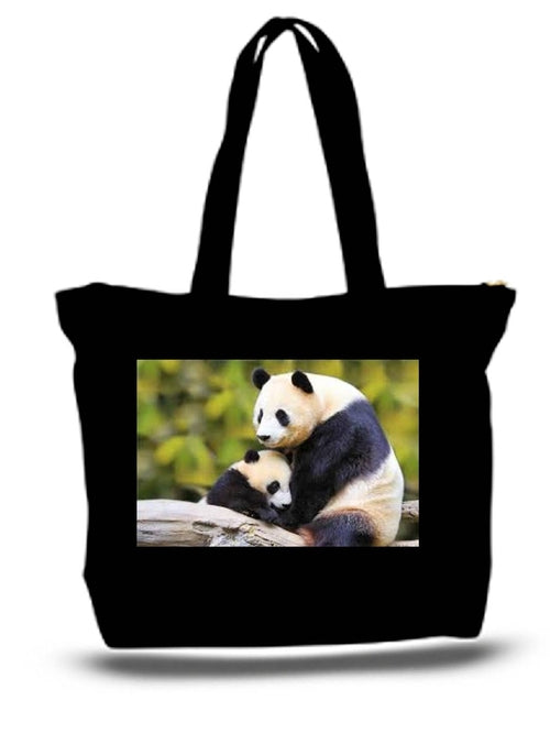 Black tote bag with a picture of two pandas on a white background