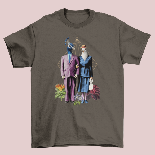 Peacock and Dove Couple T-Shirt in Dark Chocolate with cute paired birds in suits graphic