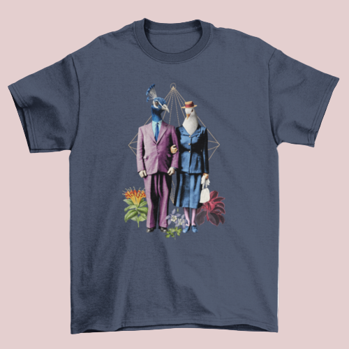 Peacock and Dove Couple T-Shirt in Navy with elegant fancy suits illustration