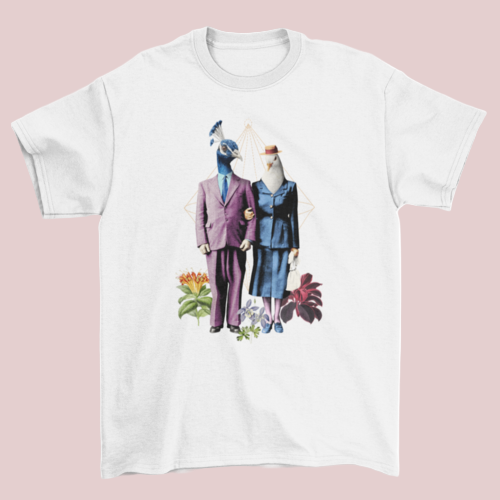 Peacock and Dove Couple T-Shirt in White featuring playful peacock and dove graphic