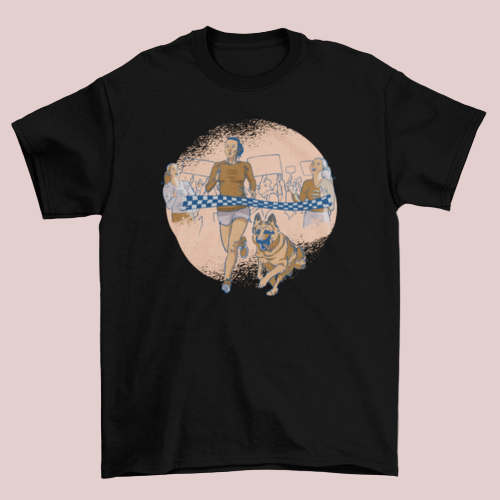 Race Dog T-shirt in black showing a woman running with her German Shepherd at the finish line