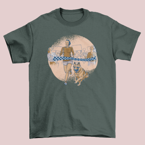 Race Dog T-shirt in forest green showing a woman and her German Shepherd crossing the finish line