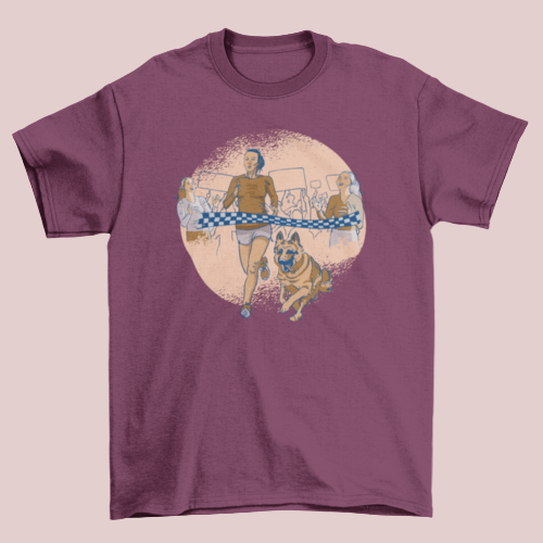 Race Dog T-shirt in maroon color featuring a woman racing with her German Shepherd