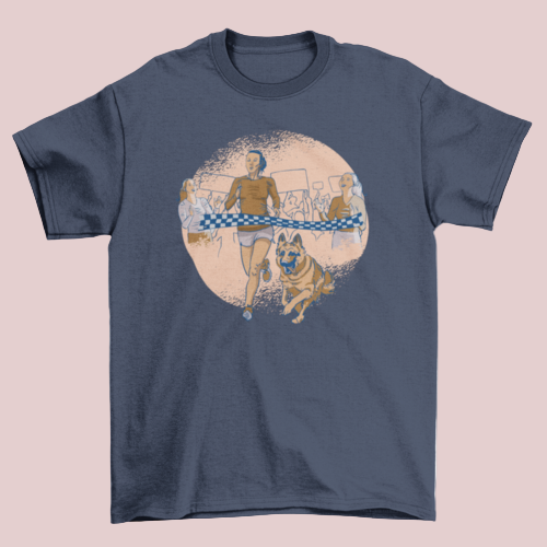 Race Dog T-shirt in navy blue with a fun illustration of a woman racing with her dog