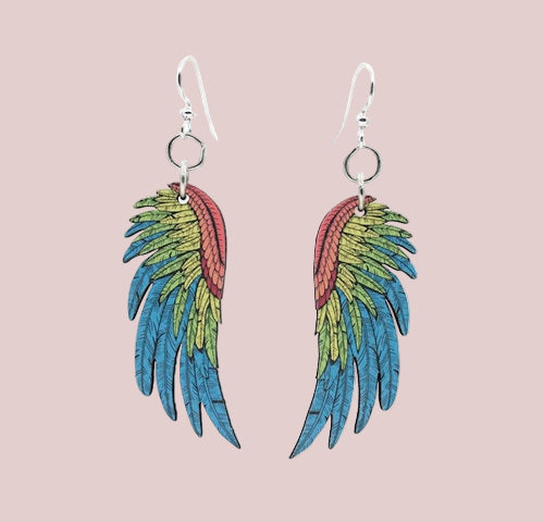 Colorful feather-shaped earrings on a white background