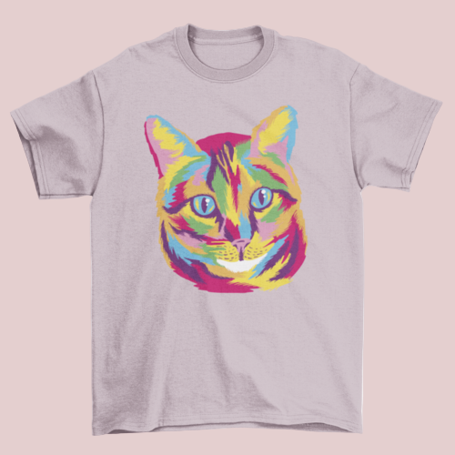 Gray t-shirt with a colorful cat graphic on a white background