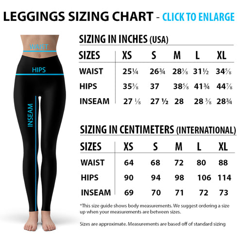 Leggings sizing chart with measurements in inches and centimeters, featuring a person wearing black leggings.